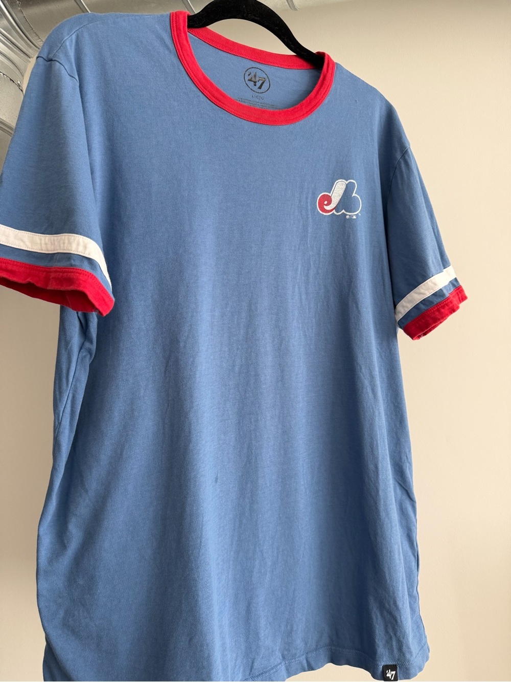 Men’s 47 Brand Light Blue Tee with Red and White Ringer Trim